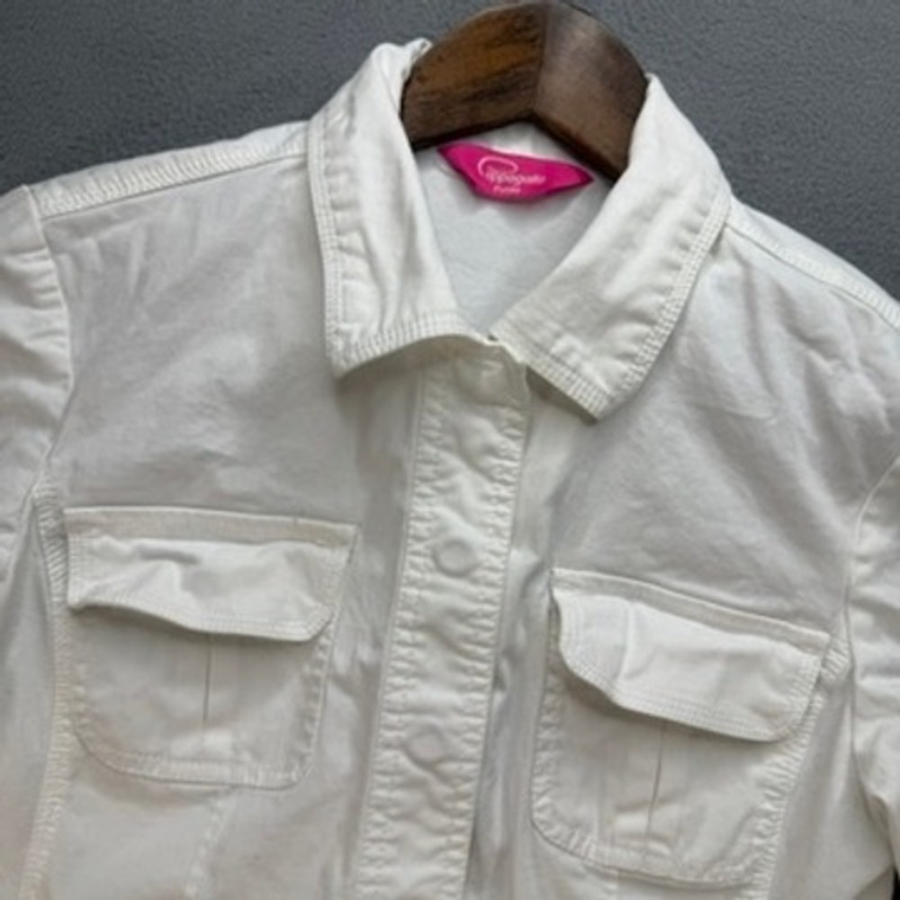 Pappagallo Denim Jacket Utility Shacket Button Up Petite 6P White Flap Pockets